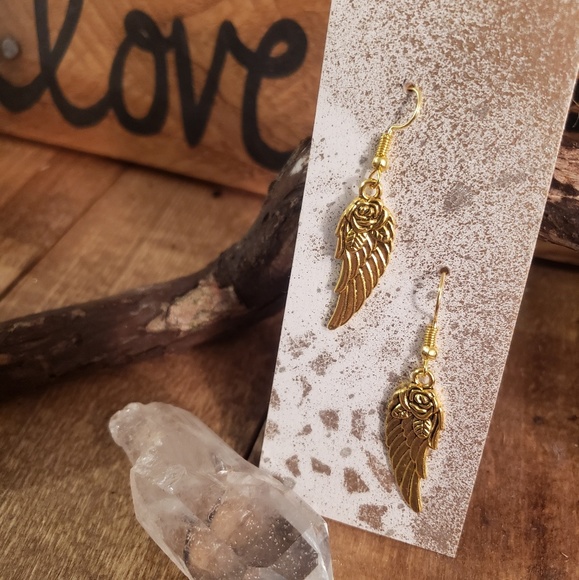 Gold ROSE & FEATHER ANGEL WING earrings ~Ethereal~Heavenly~Angelic~Goddess~Boho~ - Picture 8 of 10